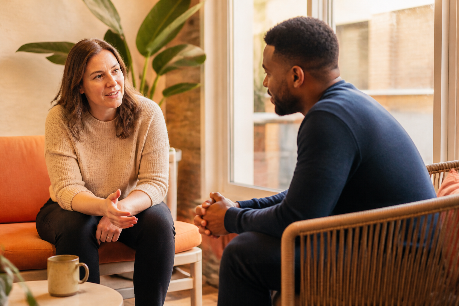 HR manager talking comfortably with an employee in a modern workplace breakout area