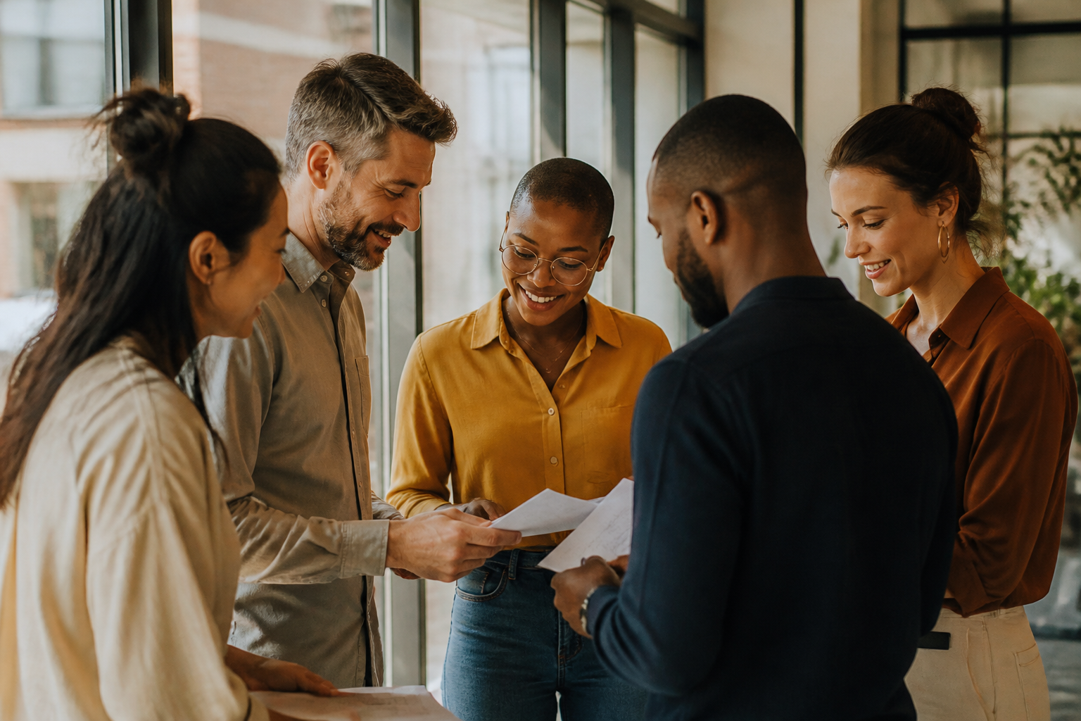 A small group of UK workplace colleagues reviewing reward details together in a modern office.
