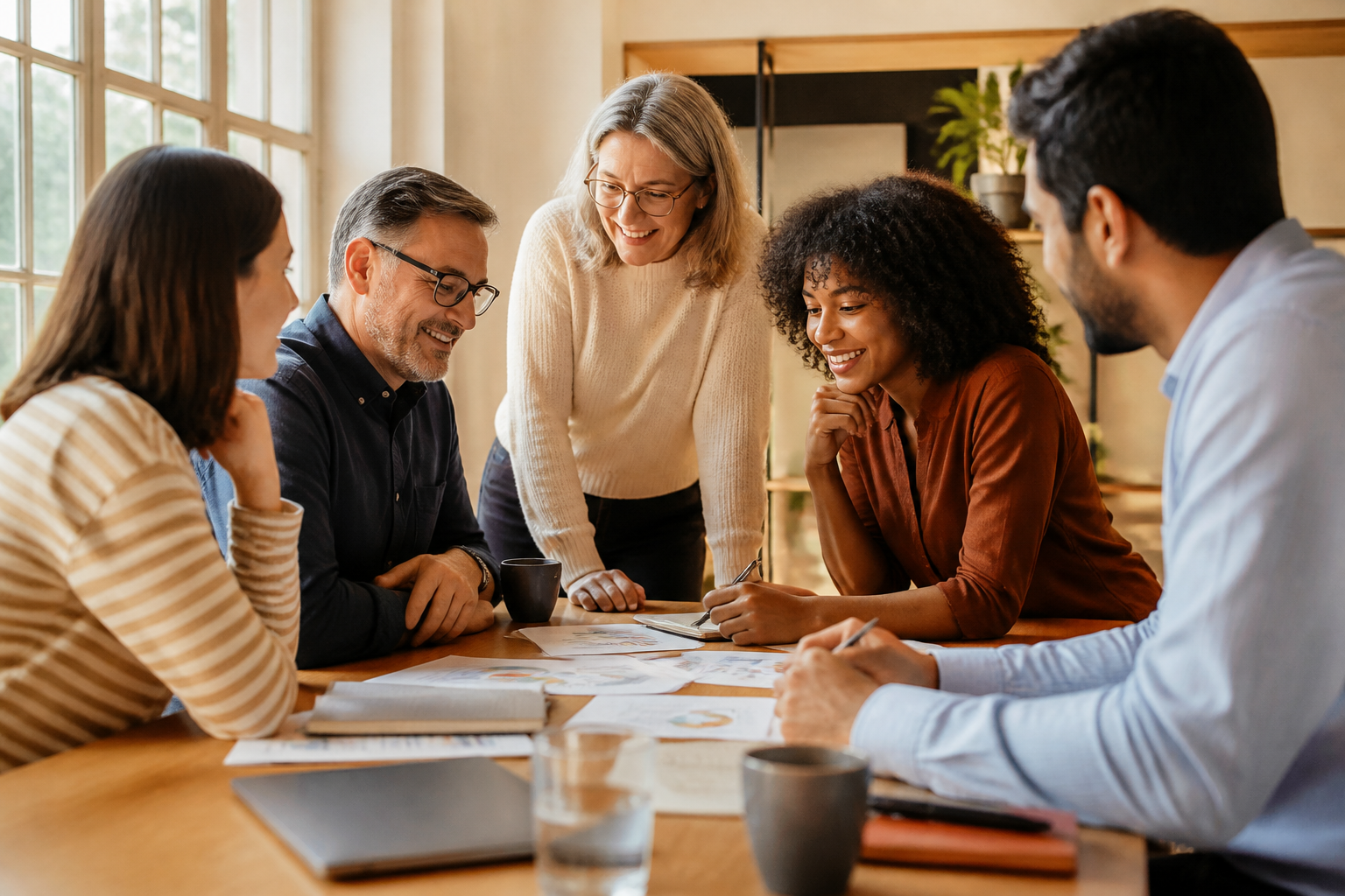 A UK HR team reviewing reward options around a meeting table