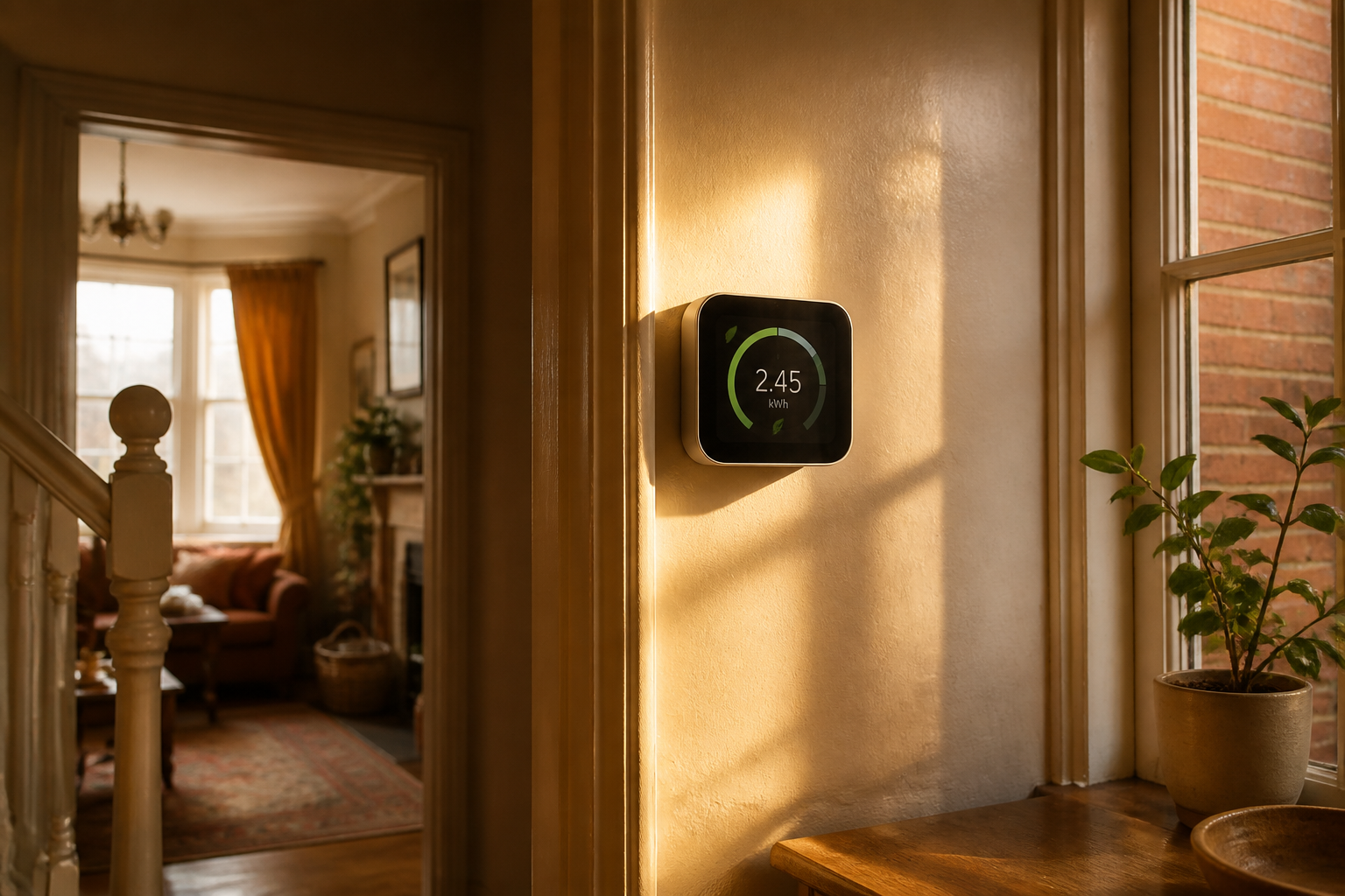 A domestic digital energy meter mounted on an interior wall inside a modern British house.