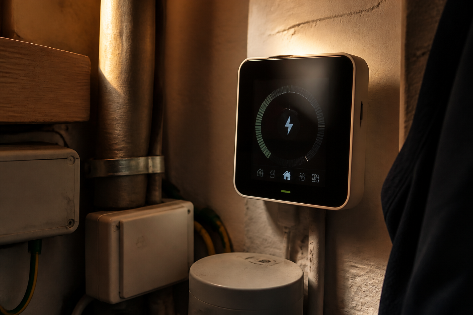 UK smart meter displaying energy usage numbers on a wall