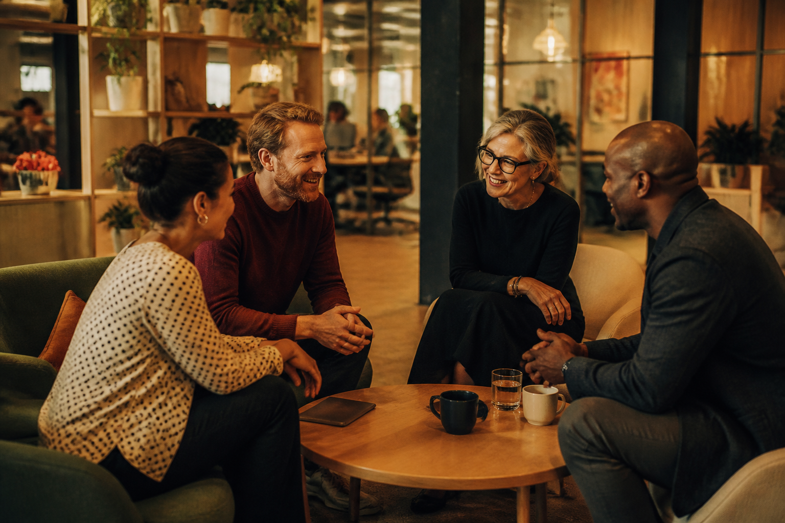 Workplace colleagues conversing in a modern office.