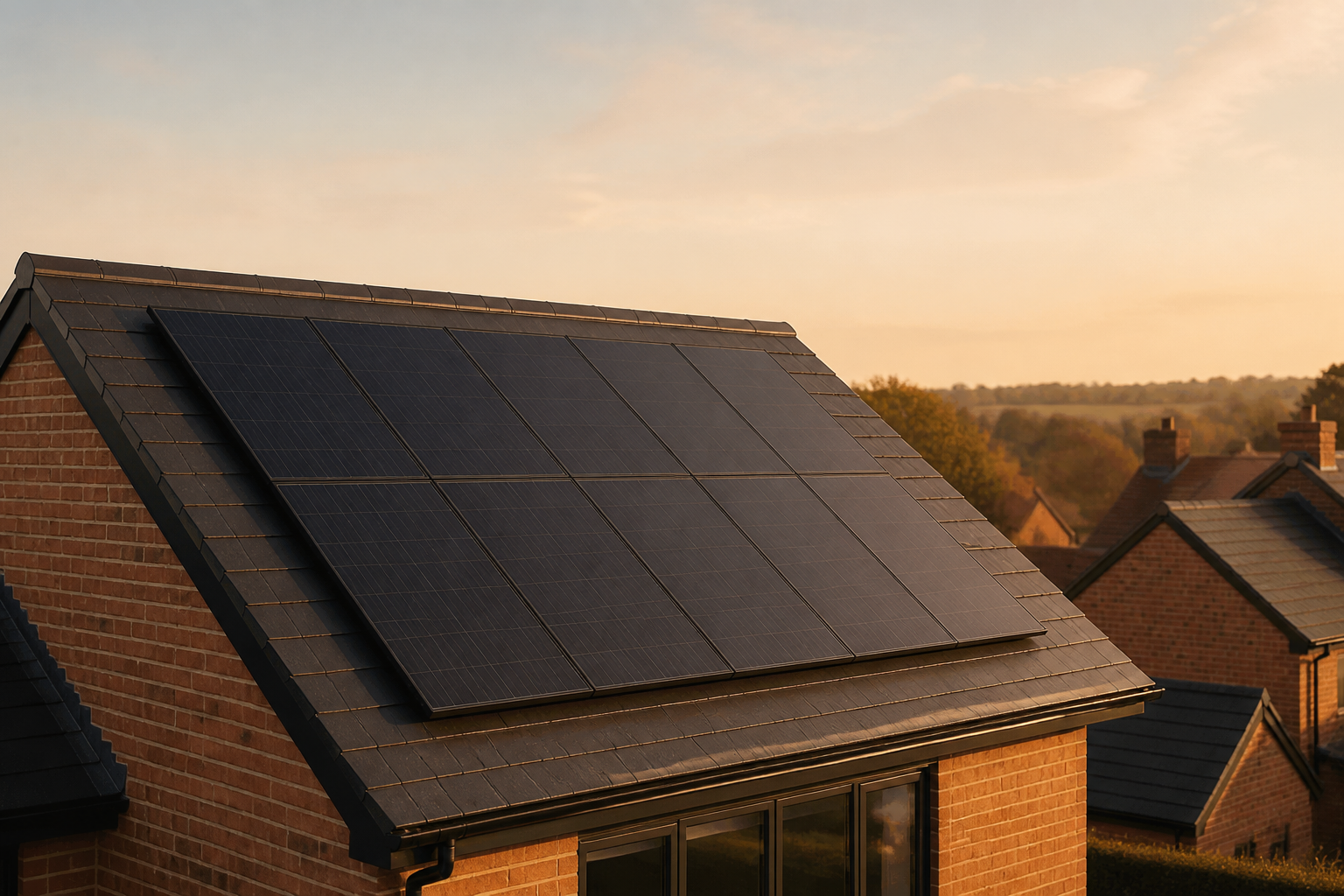 Solar panels mounted on slate roof tiles of a UK house.