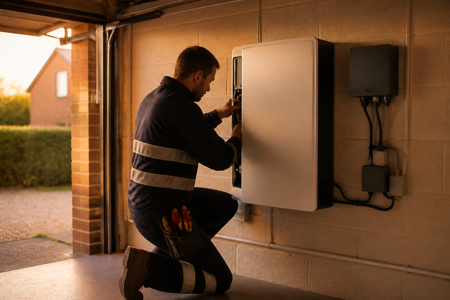 An accredited electrician mounting a wall-hung home battery storage unit inside a residential garage.