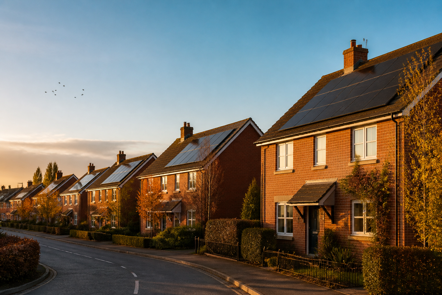 Rooftop solar panels installed on modern UK suburban homes under daylight.