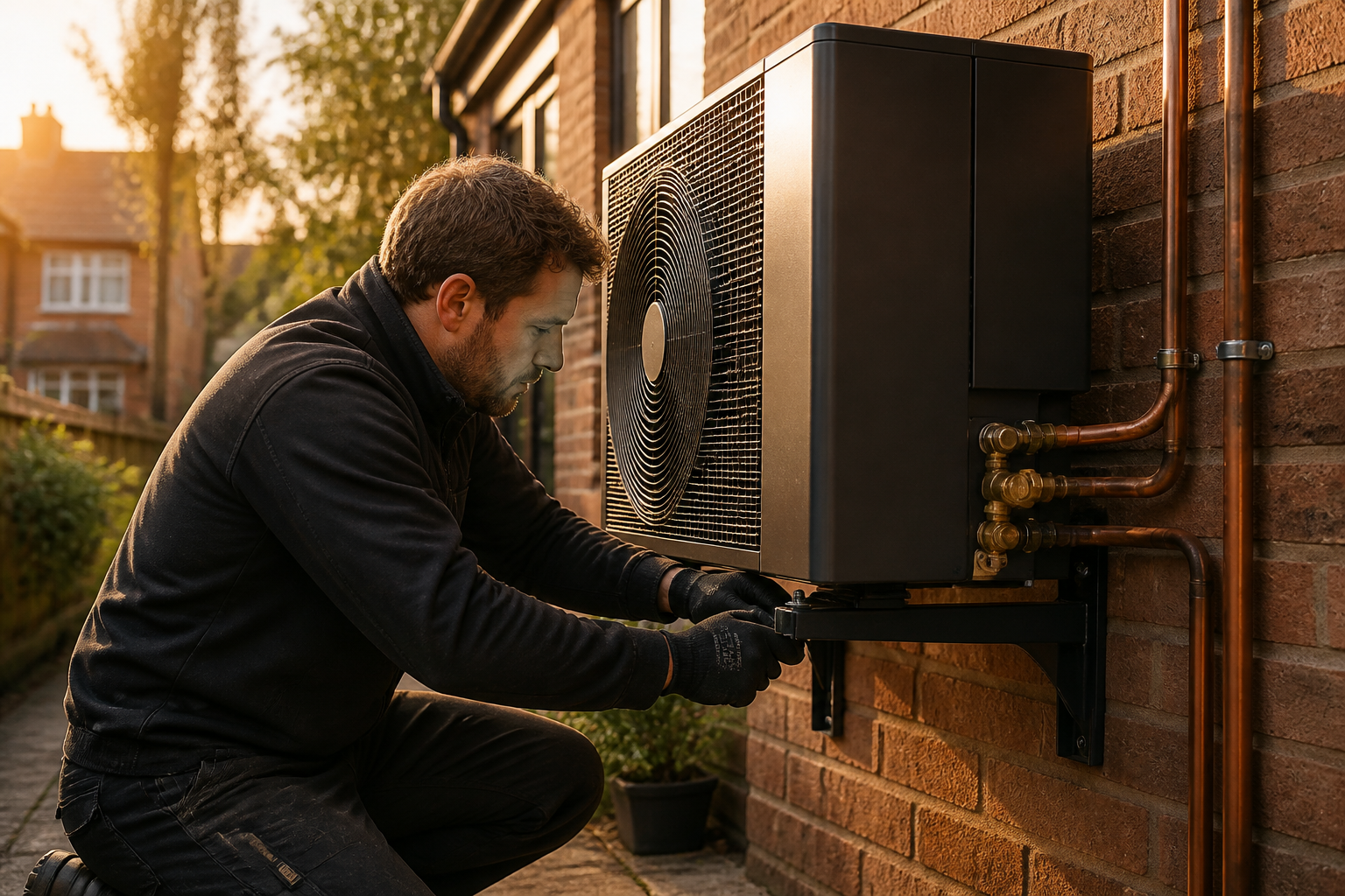 A certified heat pump installer working on an exterior heat pump unit connected to a UK house.