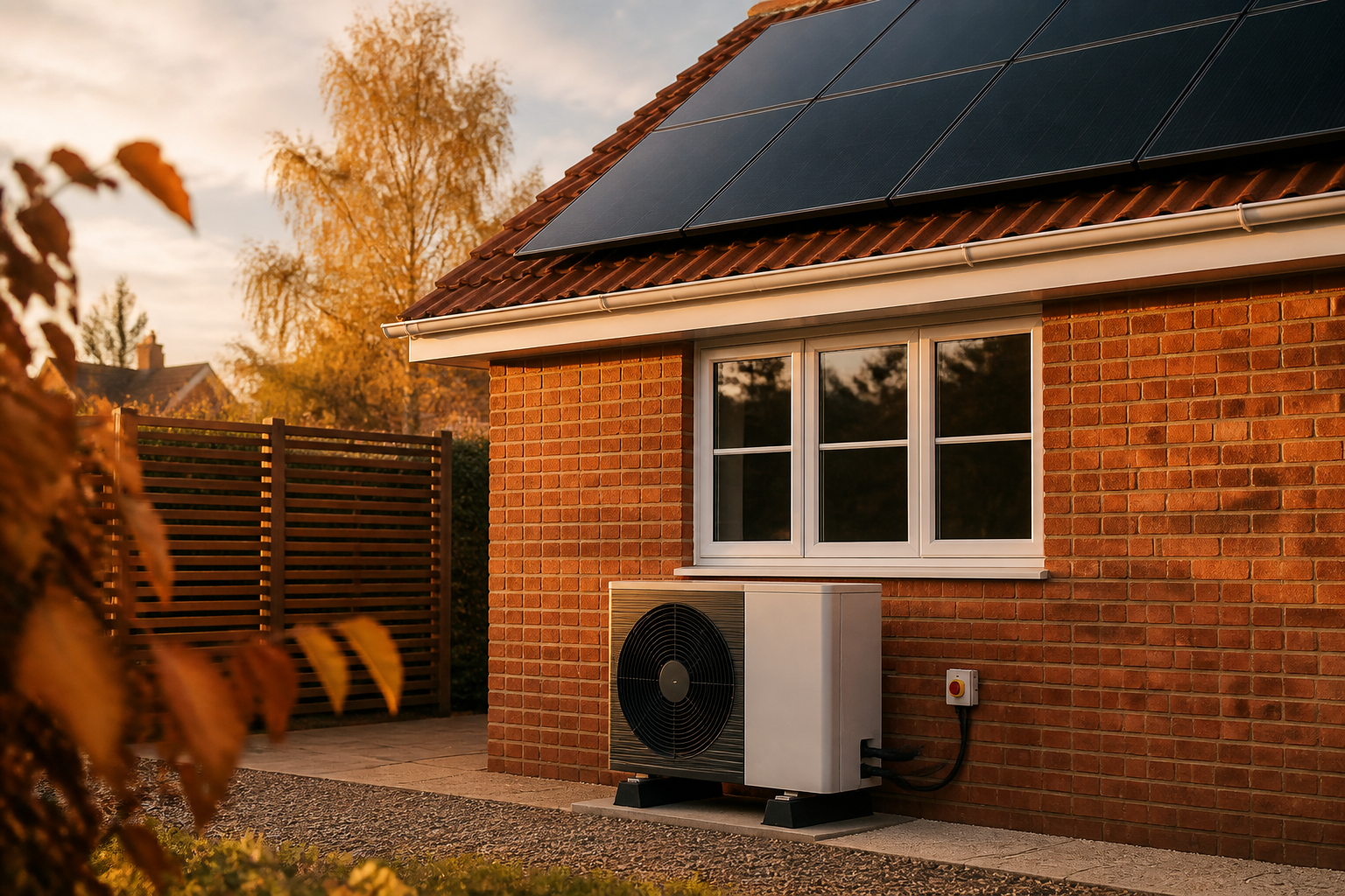 An air source heat pump installed beside a brick house with solar panels mounted on the roof.