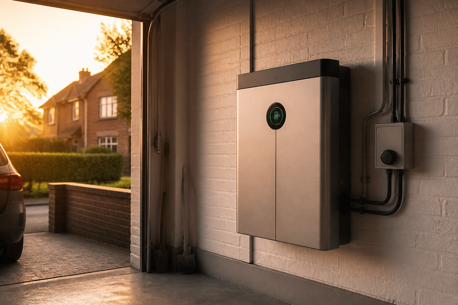 A modern wall-mounted domestic battery storage unit inside a residential garage.