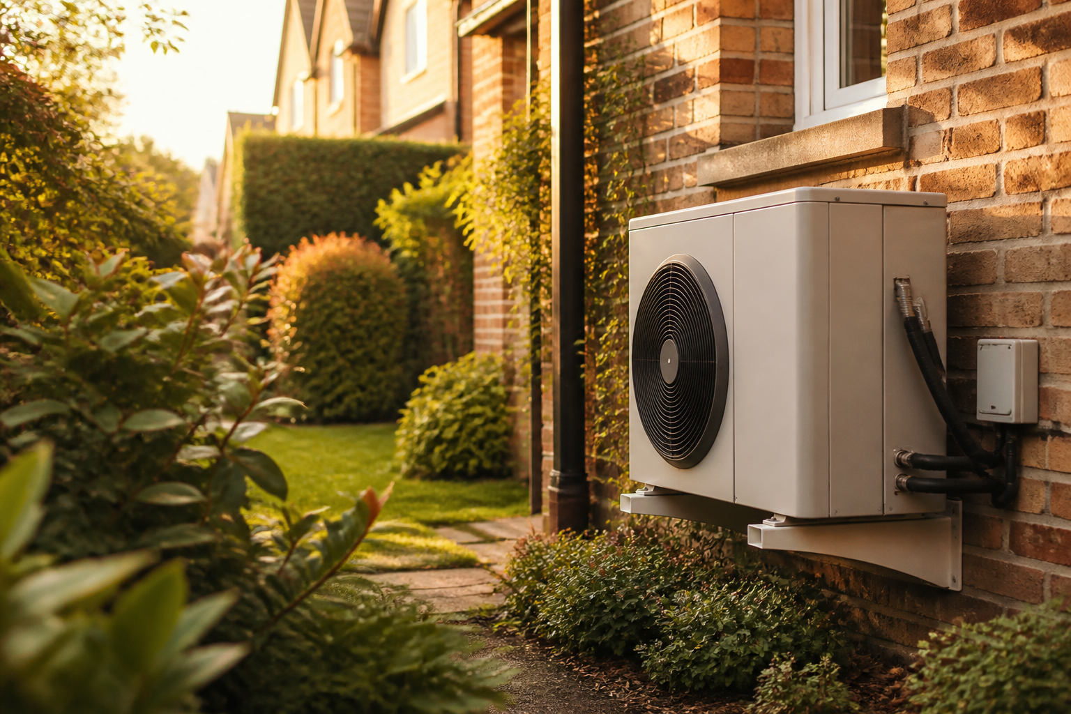 Air source heat pump outdoor unit installed outside a modern UK home.