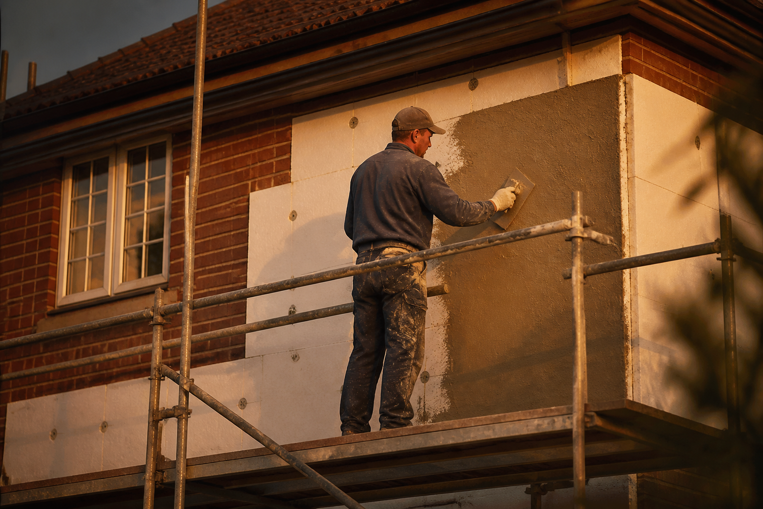 An installer applying render over external wall insulation boards on a UK property from scaffolding.