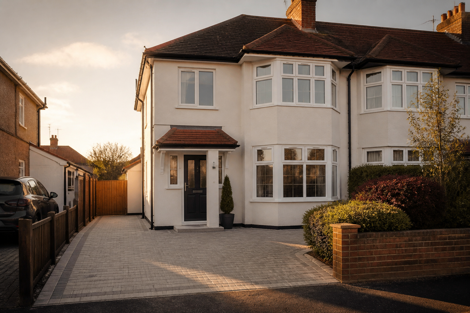 A renovated British semi-detached home with fresh light render following external wall insulation.