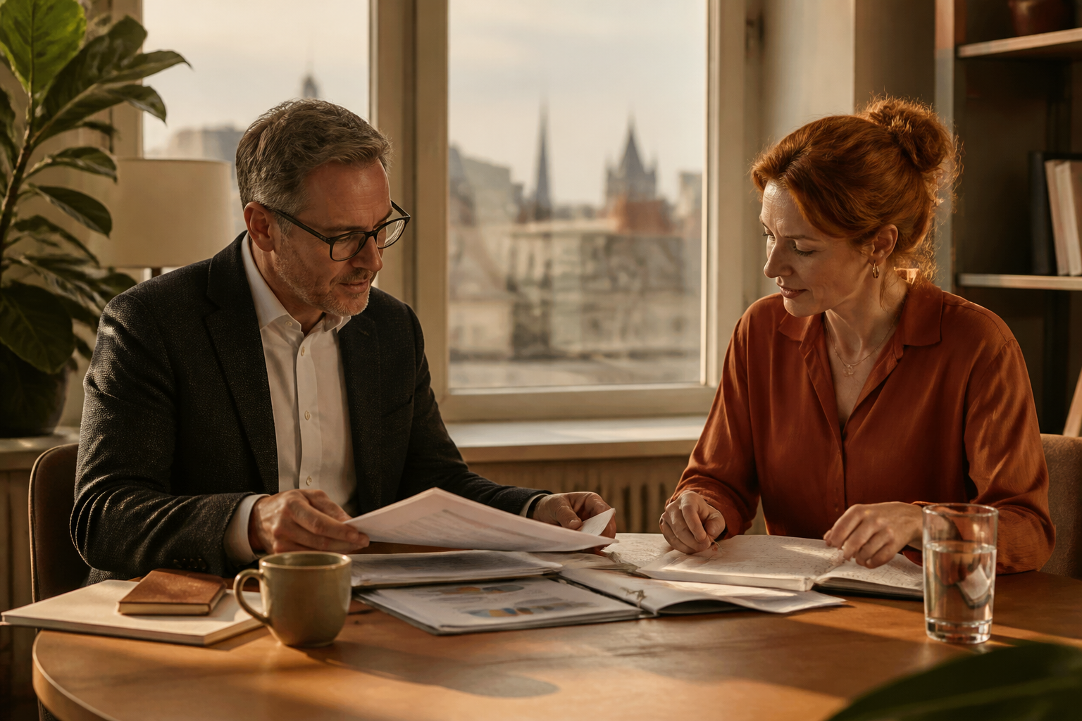 Two professionals discussing corporate policy document in a modern office meeting room.