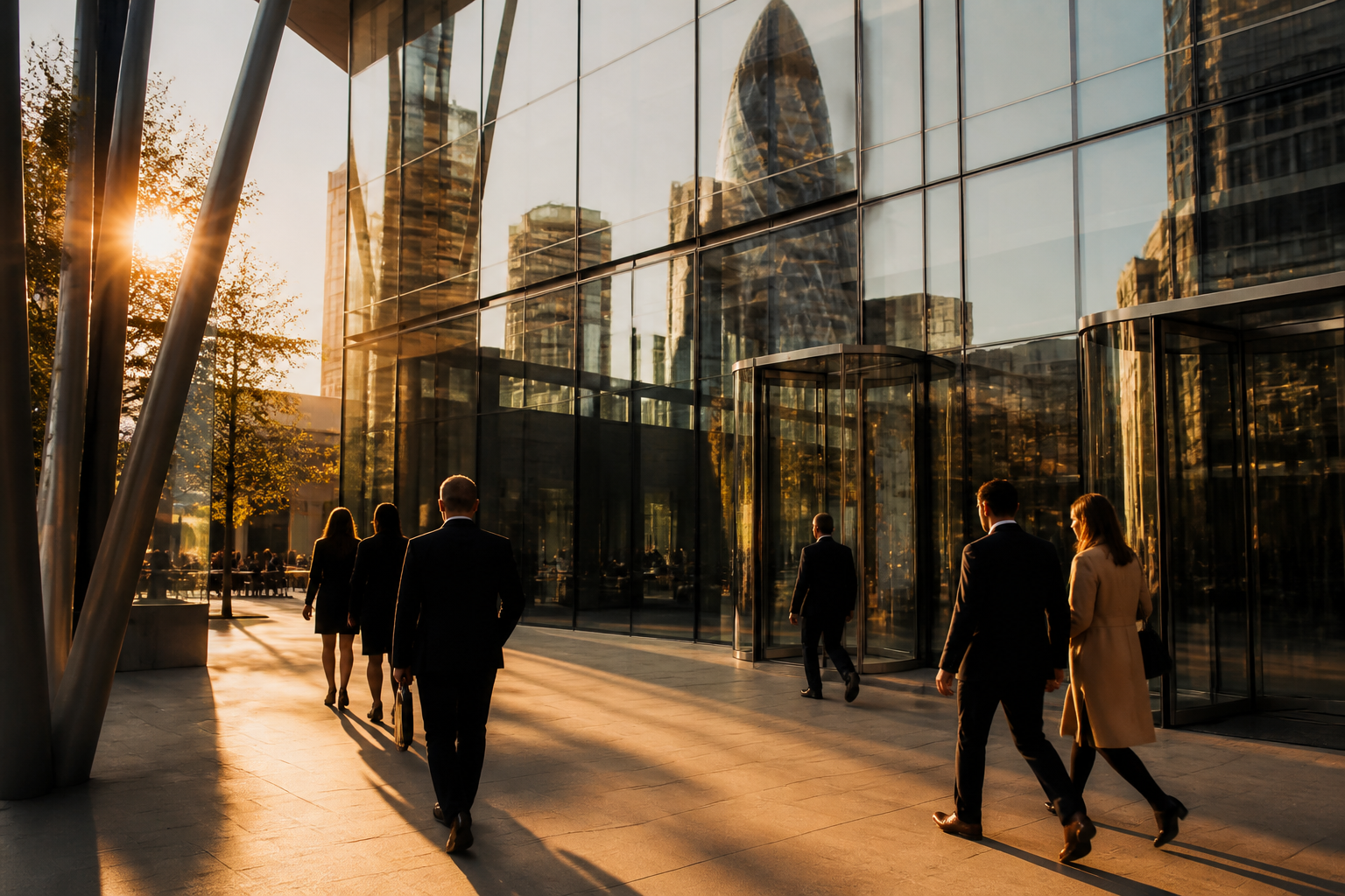 Exterior view of a modern glass office building in London financial district.