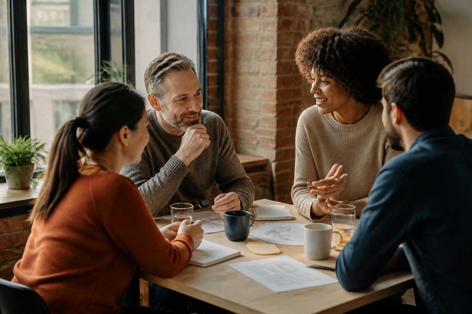A UK team discussing employee benefit strategy around a table.