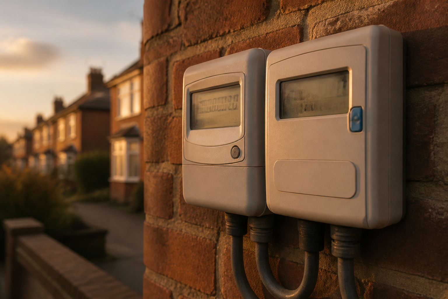 A close-up view of a digital energy meter on an exterior house wall.