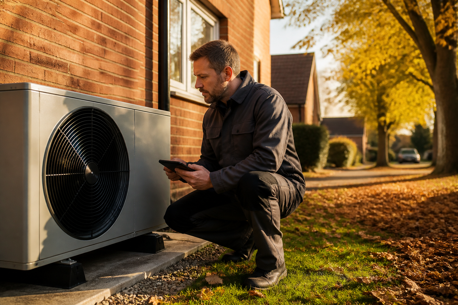 An installer inspecting an outdoor heat pump beside a British brick house.