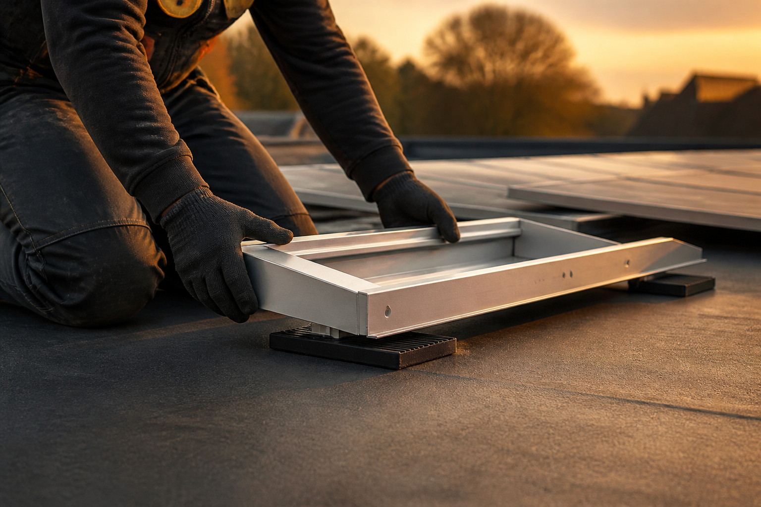 Installer placing a ballasted solar panel tray onto rubber mats on an EPDM flat roof.