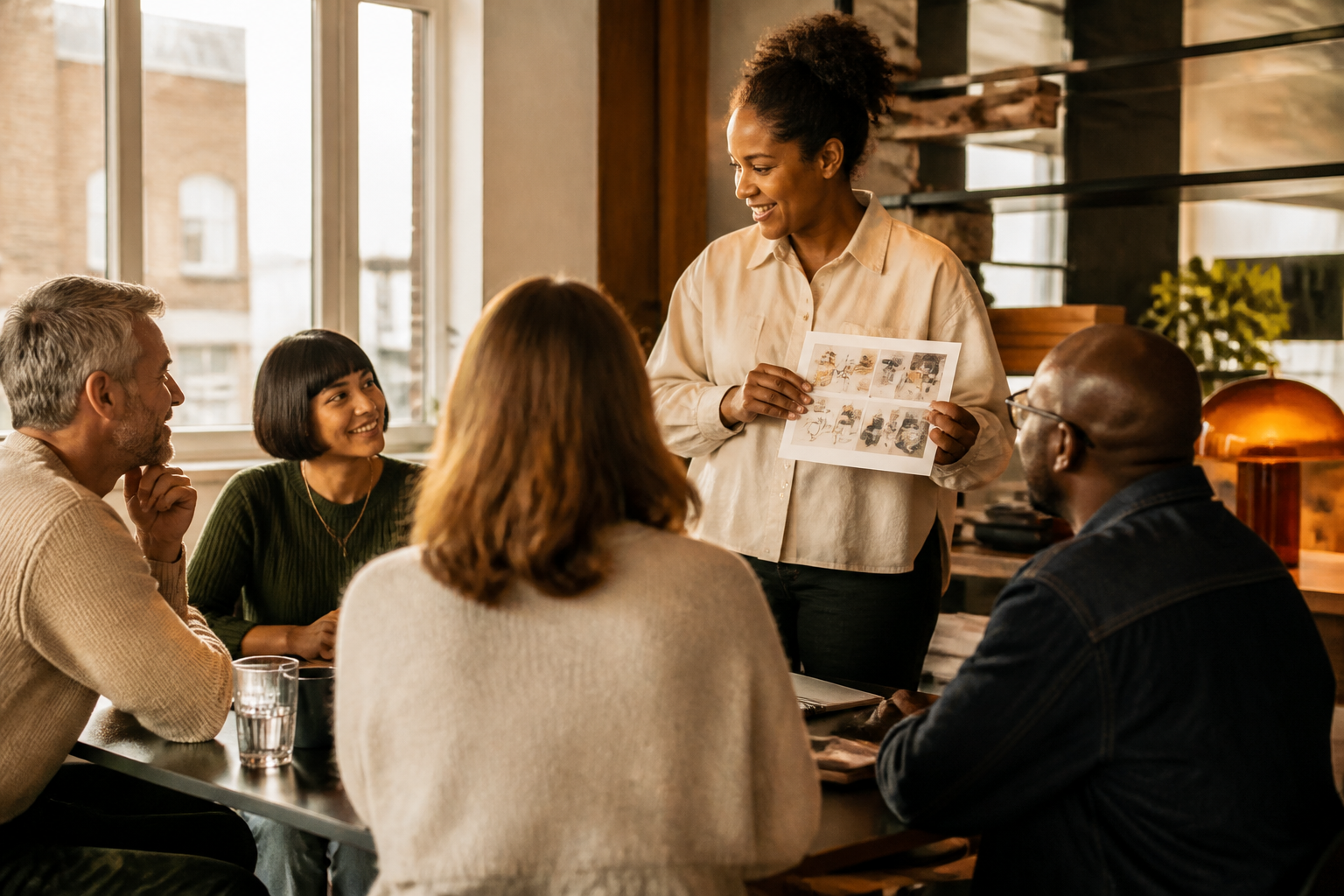 An HR lead discussing workplace reward options with a team of employees in a modern meeting room.