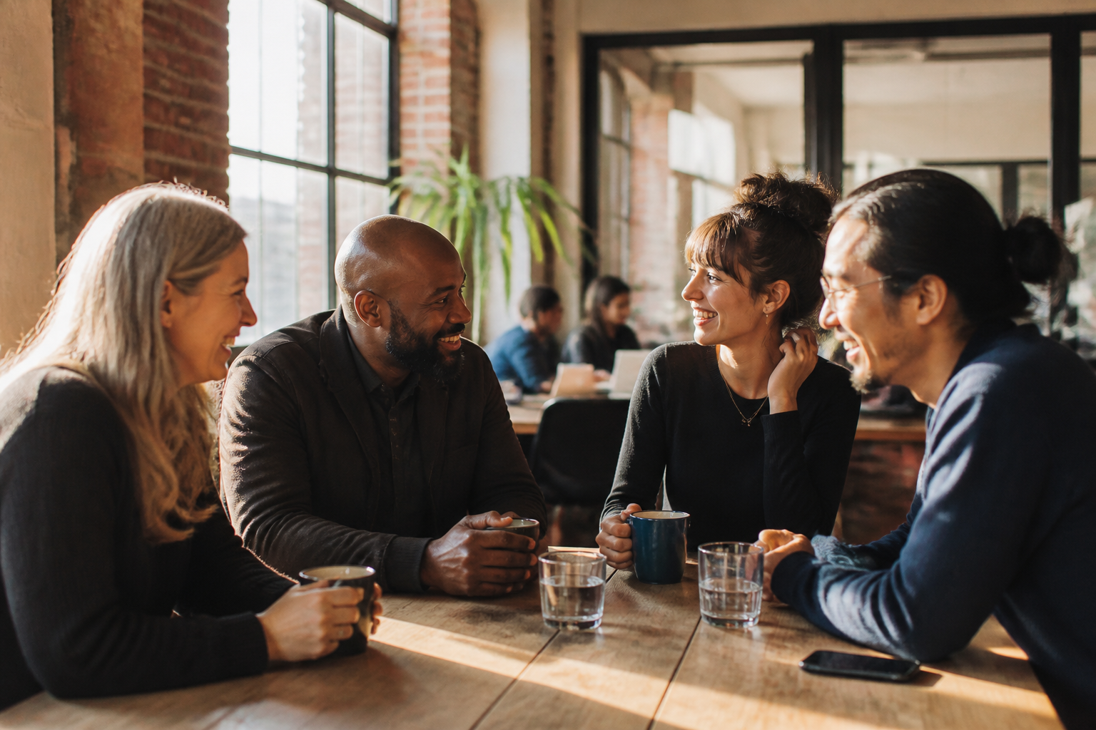 UK office workers talking around a table during a tea break.