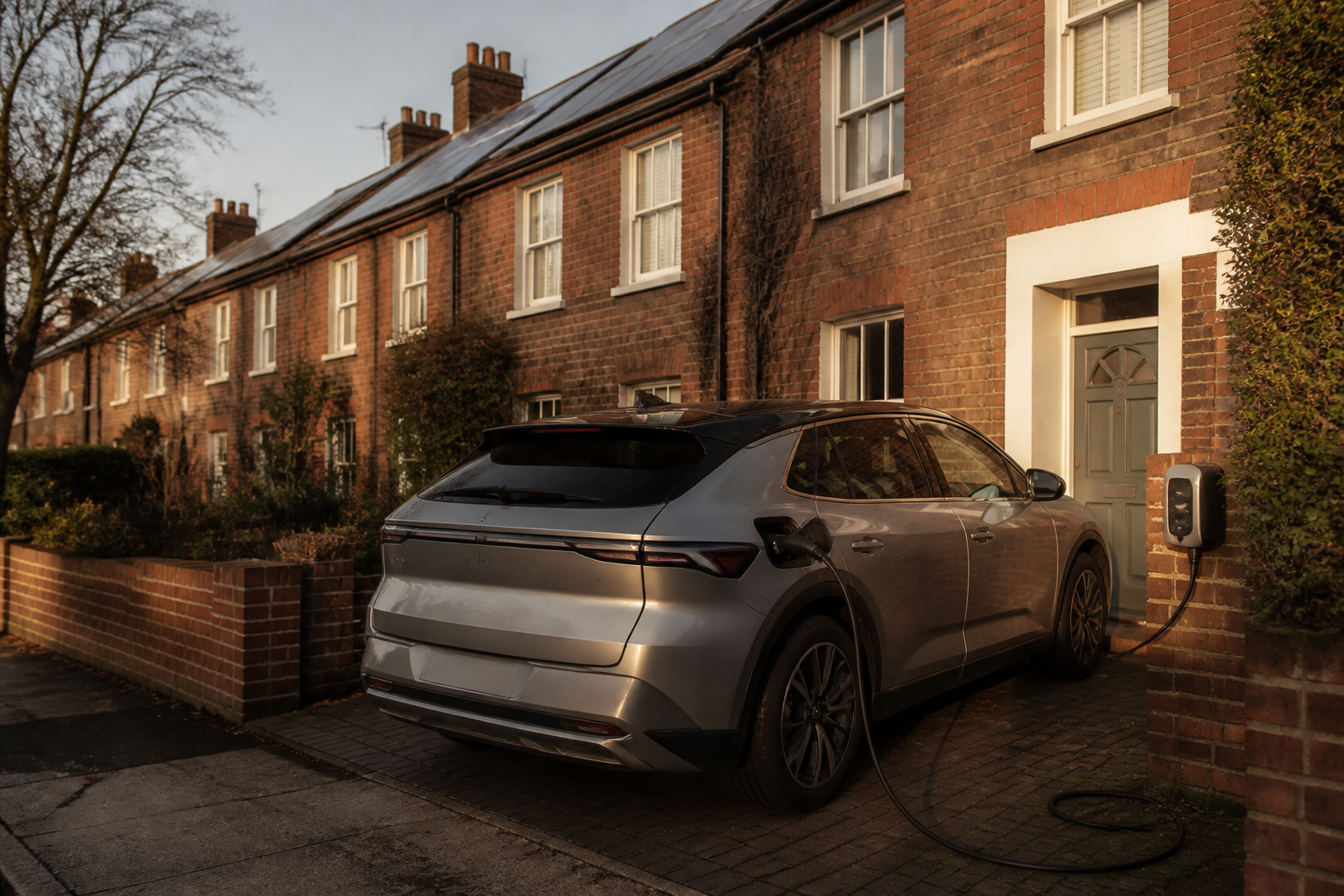 Electric vehicle plugged into a home charger outside a British home with rooftop solar panels.