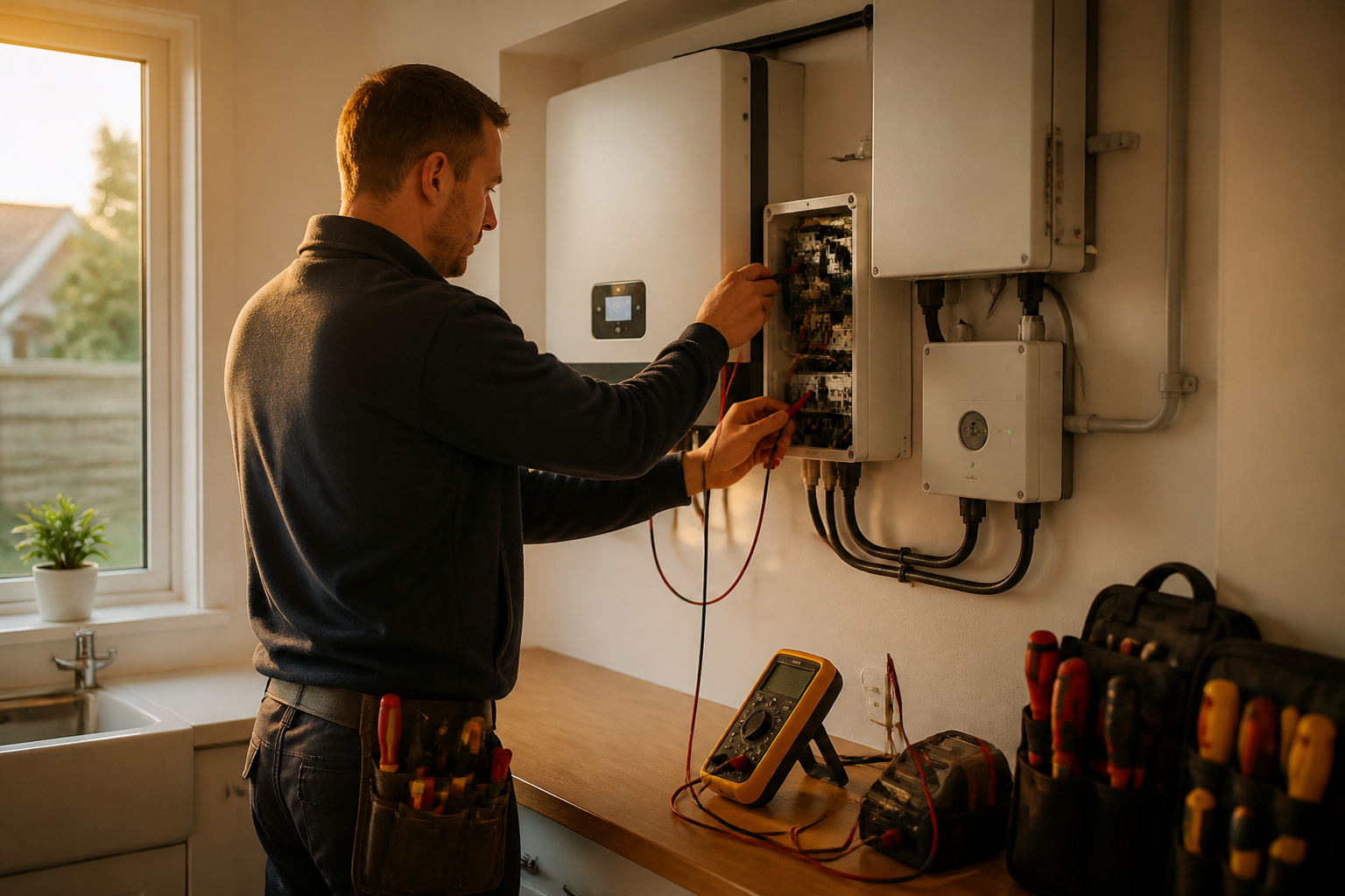 An electrician commissioning a solar inverter and export control sensor unit inside a home.