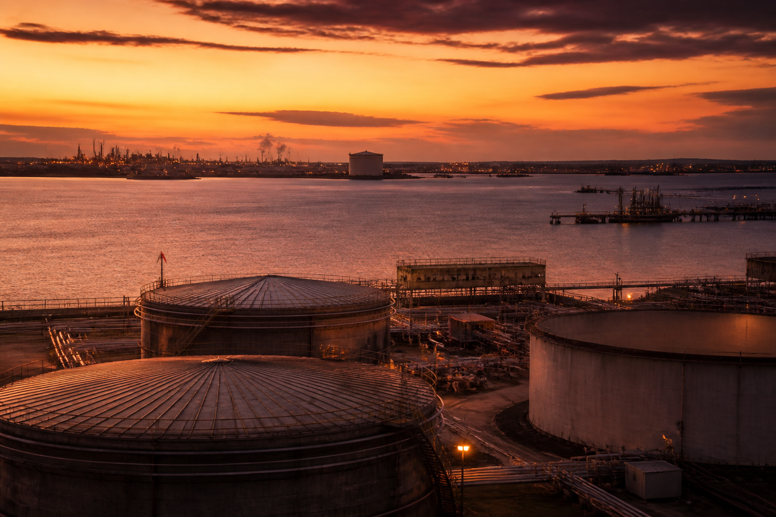 Industrial fuel storage tanks and refinery infrastructure at dusk near a UK port.