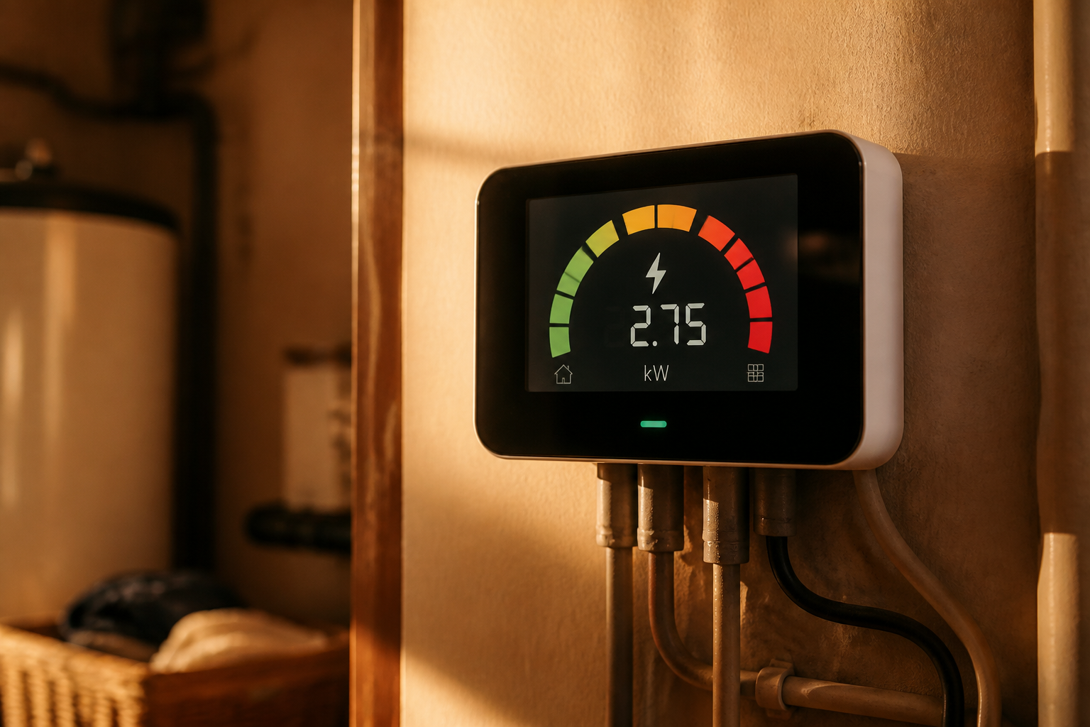 A modern UK domestic smart meter displaying energy readings on a wall.