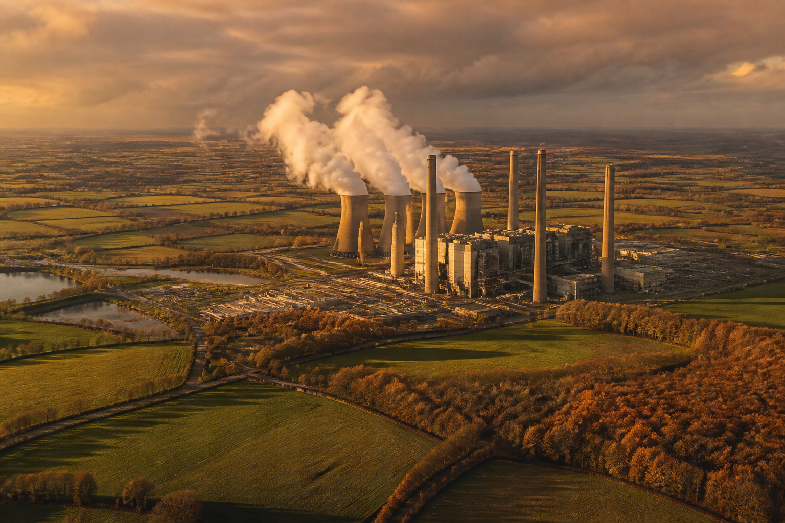 A gas-fired power station operating near rural fields in the UK under overcast skies.