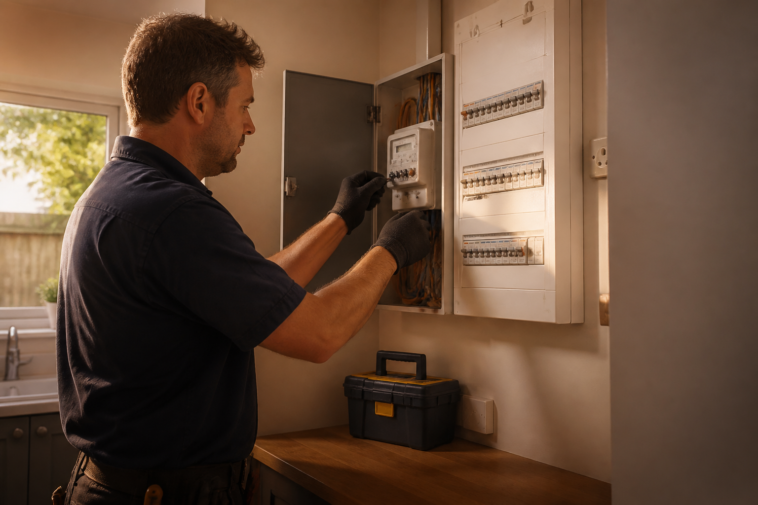 An electrician inspecting a home electrical meter inside a modern UK house.