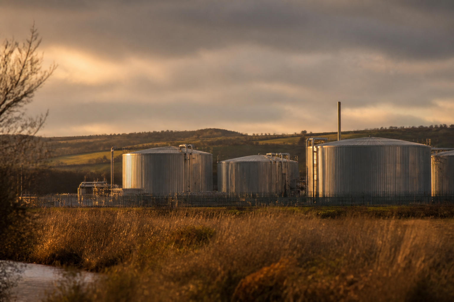 Large industrial gas storage tanks under a cloudy UK sky illustrating natural gas reserve levels.