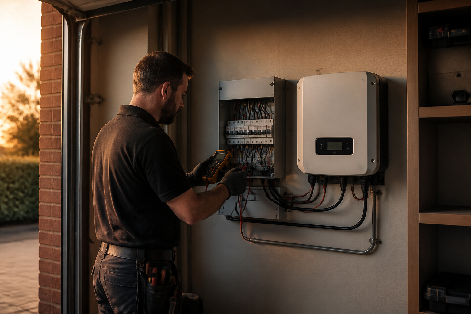 An electrician inspecting a solar inverter and consumer unit in a domestic UK garage.