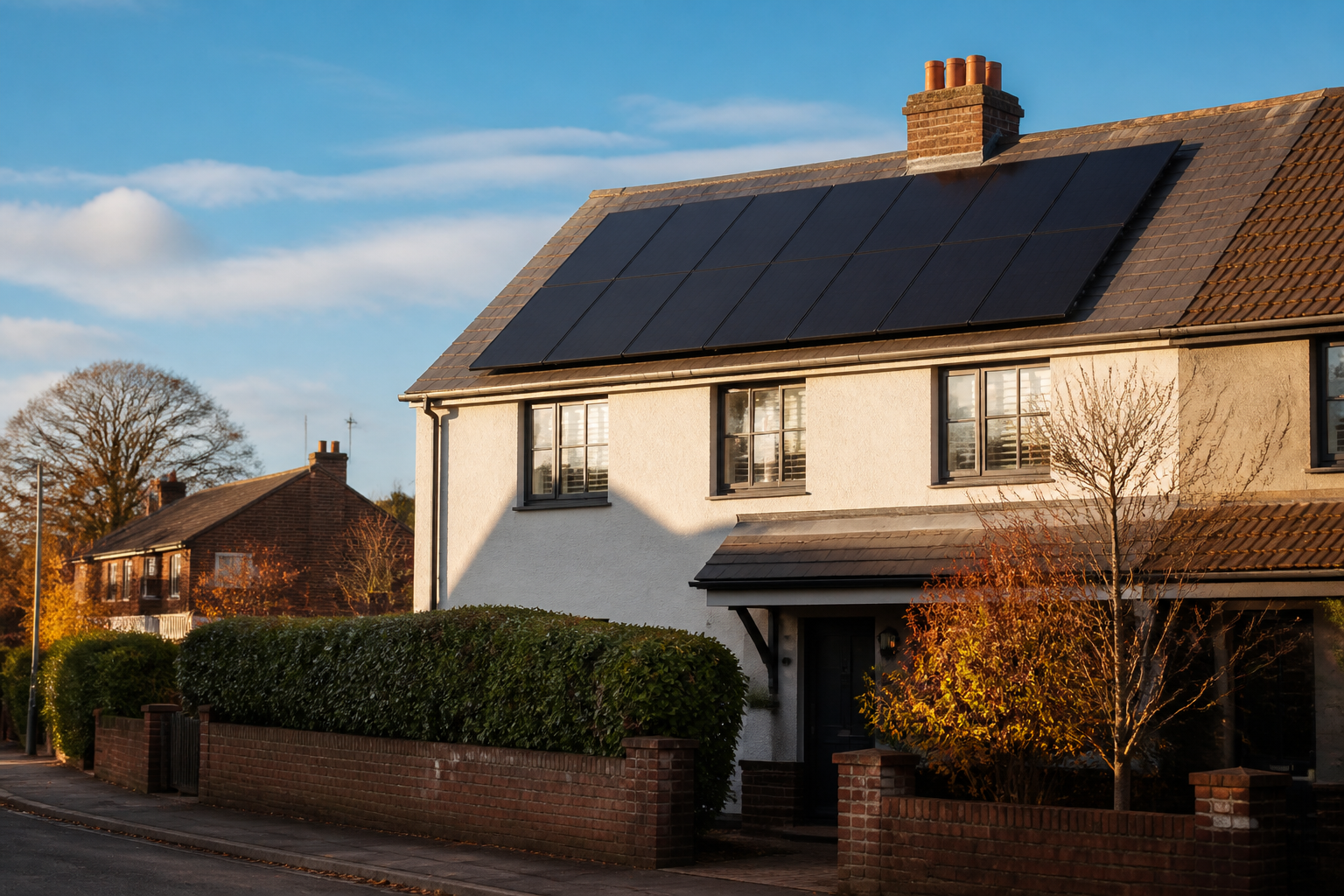 Modern rooftop solar panels installed on a British semi-detached house on a sunny day.