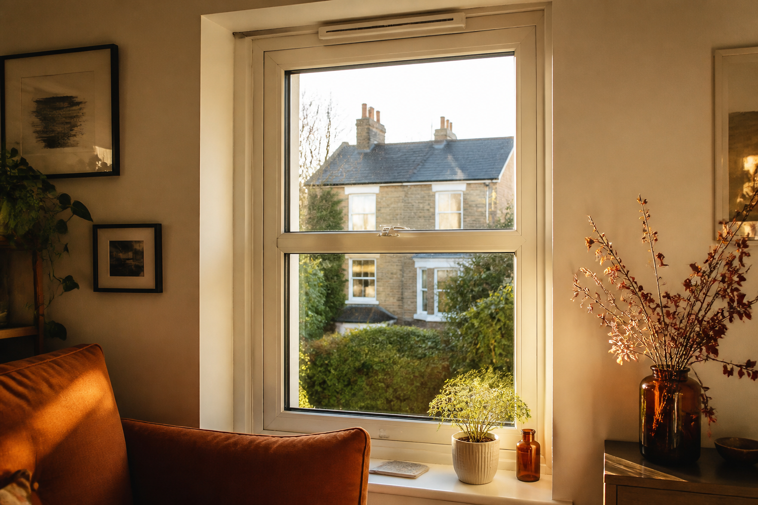 A trickle ventilator fitted to the top frame of a uPVC window in a modern UK room.