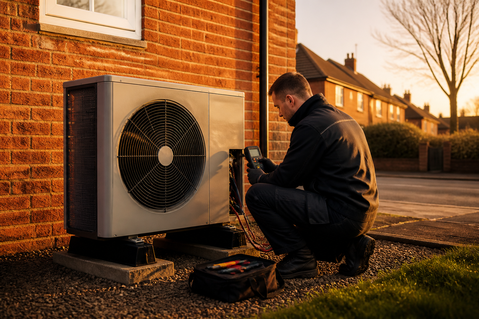 A heating engineer testing an outdoor heat pump unit beside a red brick home.