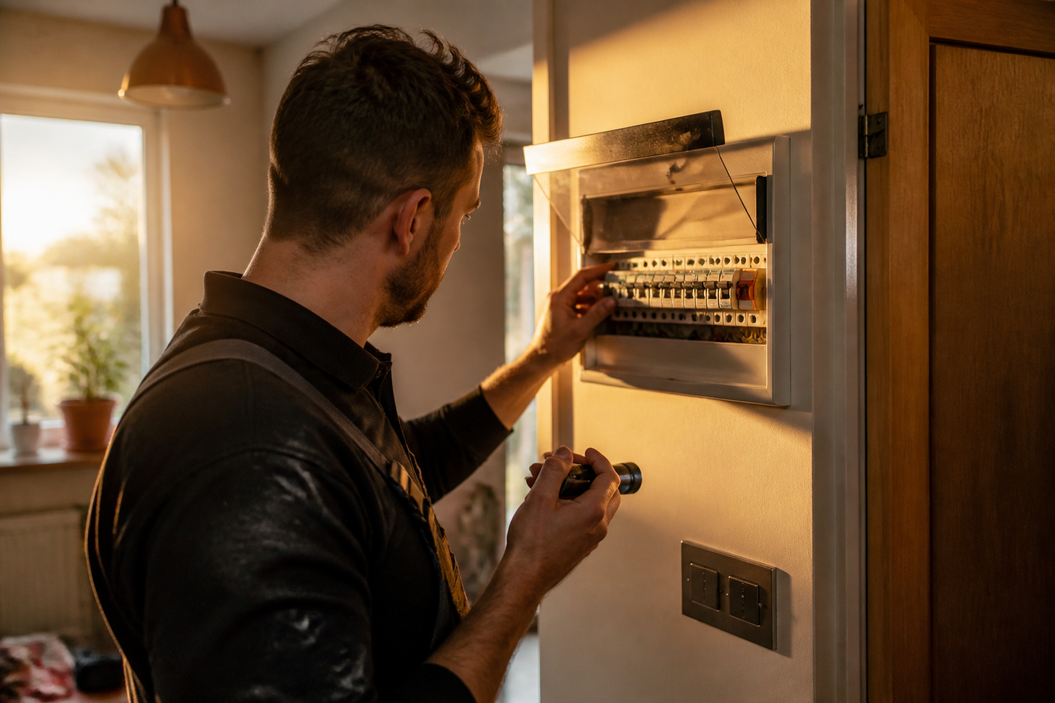 An electrician inspecting an upgraded domestic electrical consumer unit.