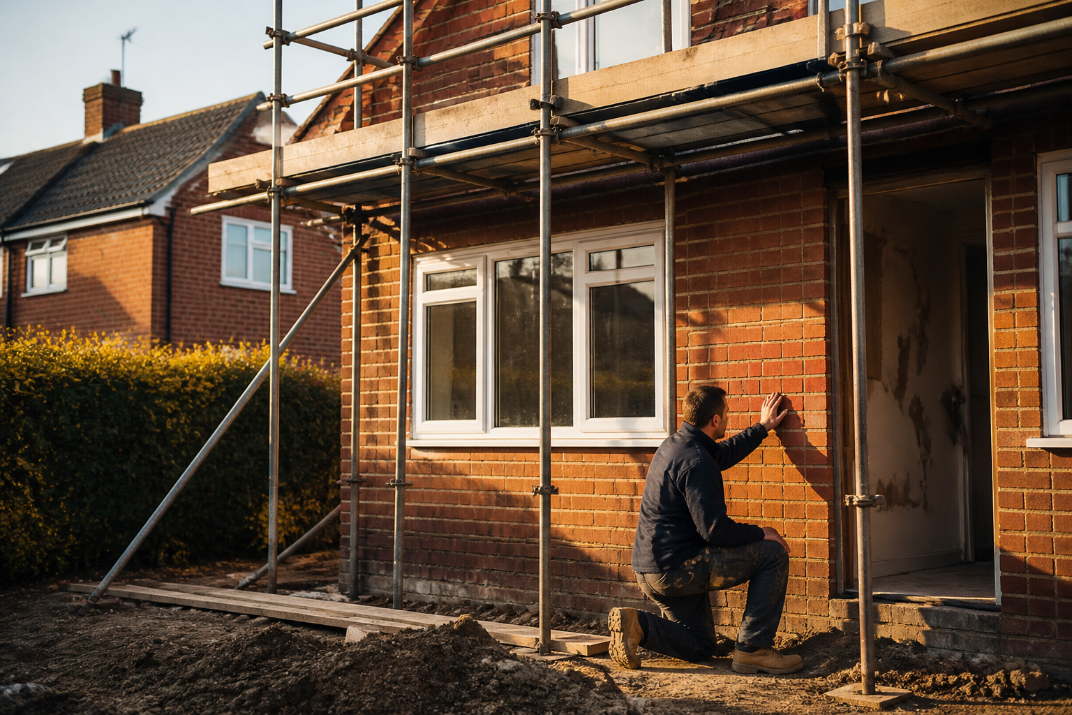 A British house undergoing energy efficiency refurbishment and external works.
