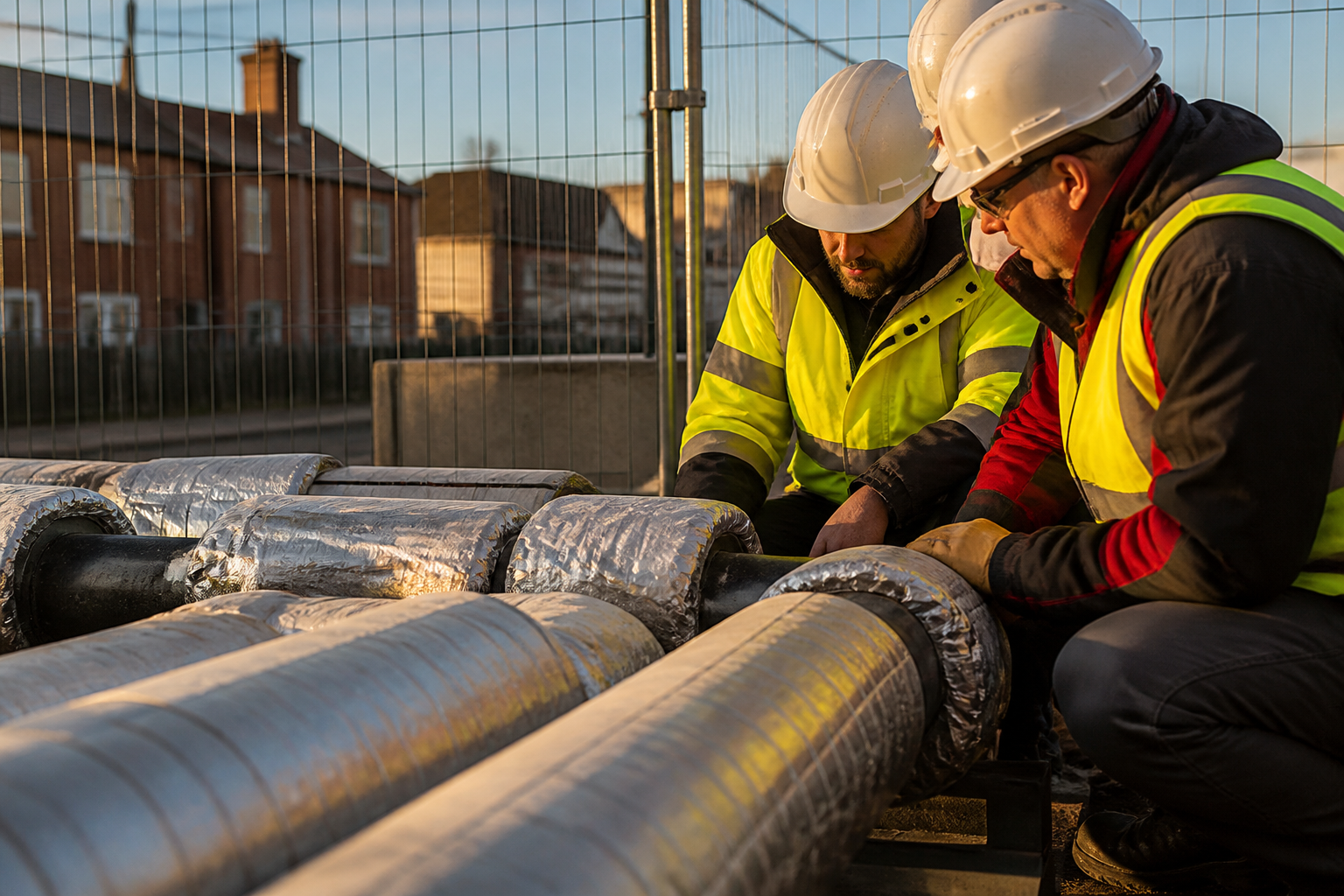 Engineers working on a UK district heat network connection project
