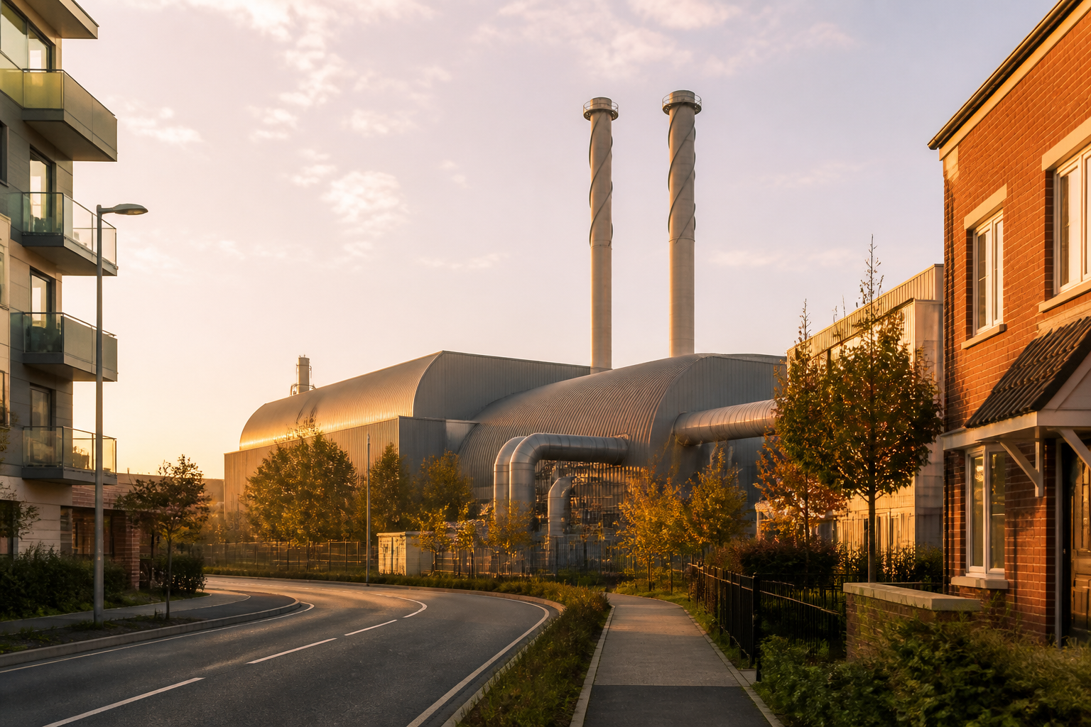 A modern UK heat network facility supplying hot water infrastructure to urban homes