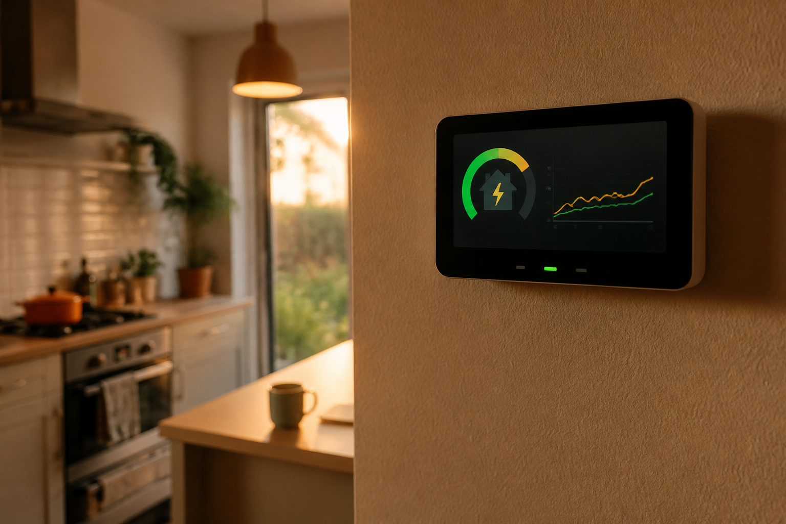 A modern smart meter display in a UK kitchen showing daily energy consumption.