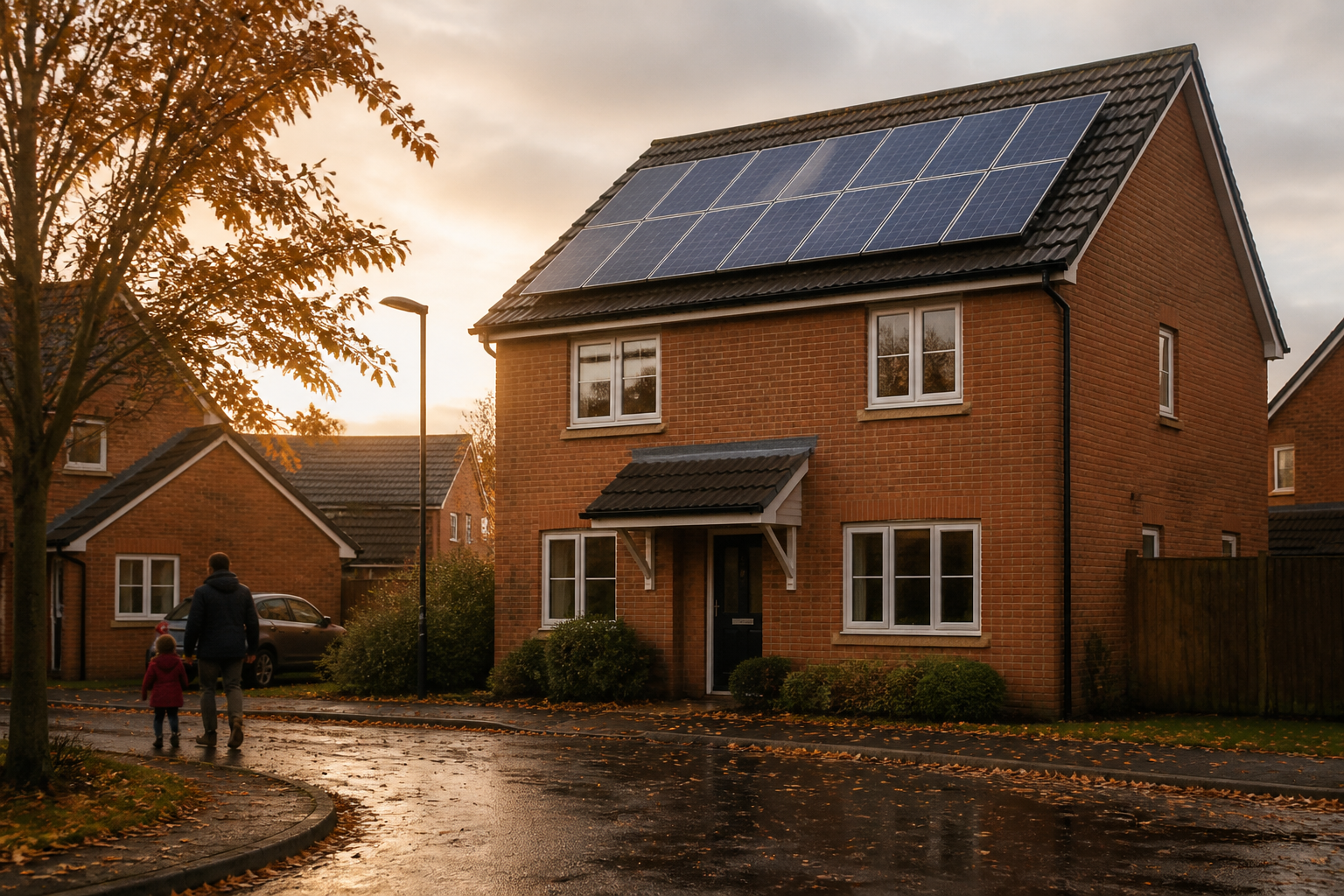 A modern British home equipped with rooftop solar PV panels under clear UK daylight.