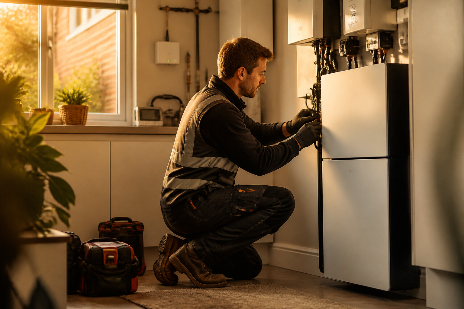 An engineer installing a domestic home battery storage system inside a UK home utility room.