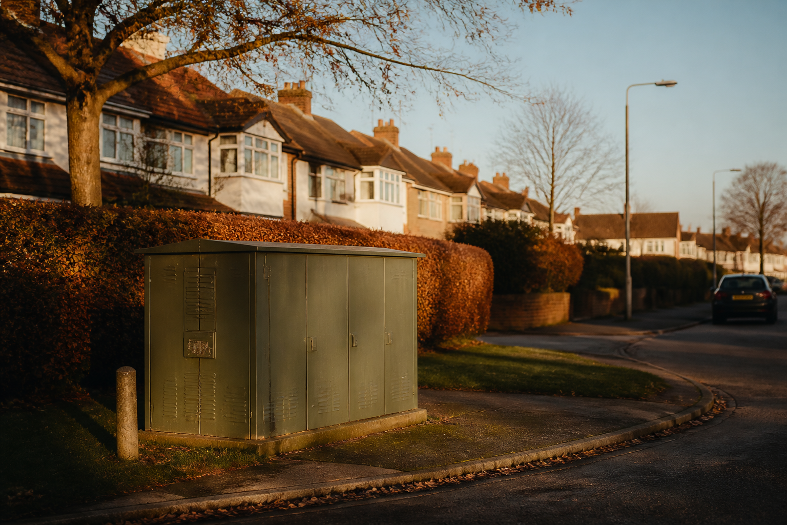 An electrical distribution sub-station on a British suburban street.