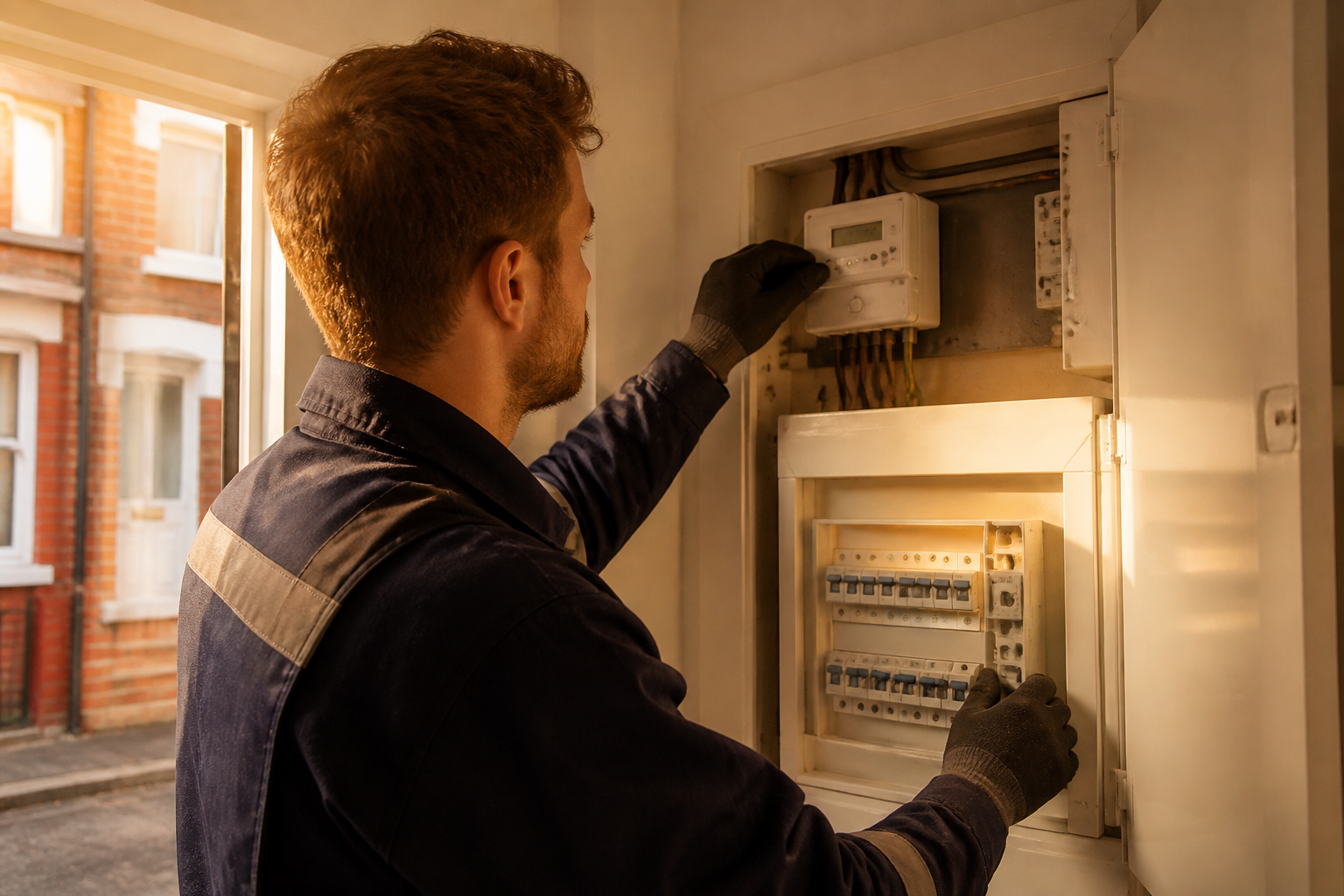 An electrician inspecting a digital smart electricity meter inside a UK home.