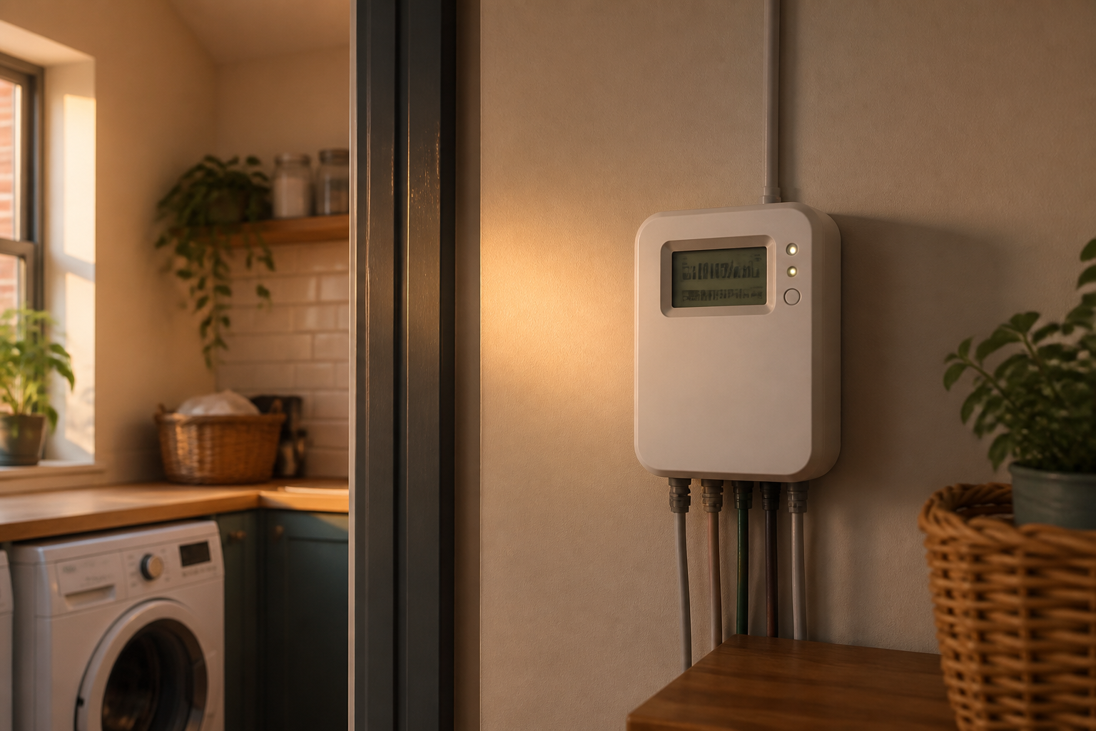 A close up of a digital smart energy meter on a domestic wall displaying electricity consumption data.