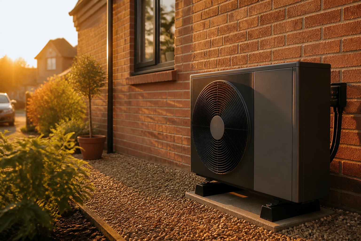 An air source heat pump outdoor unit installed against the brick wall of a British house.