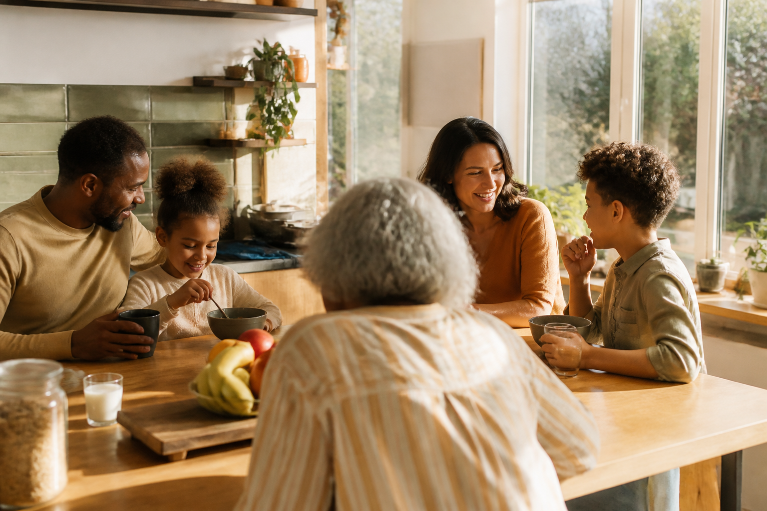 A British family sitting together in a bright kitchen at home.
