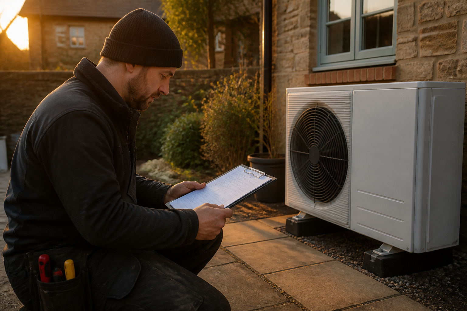 An installer holding compliance documentation beside a residential heat pump system.