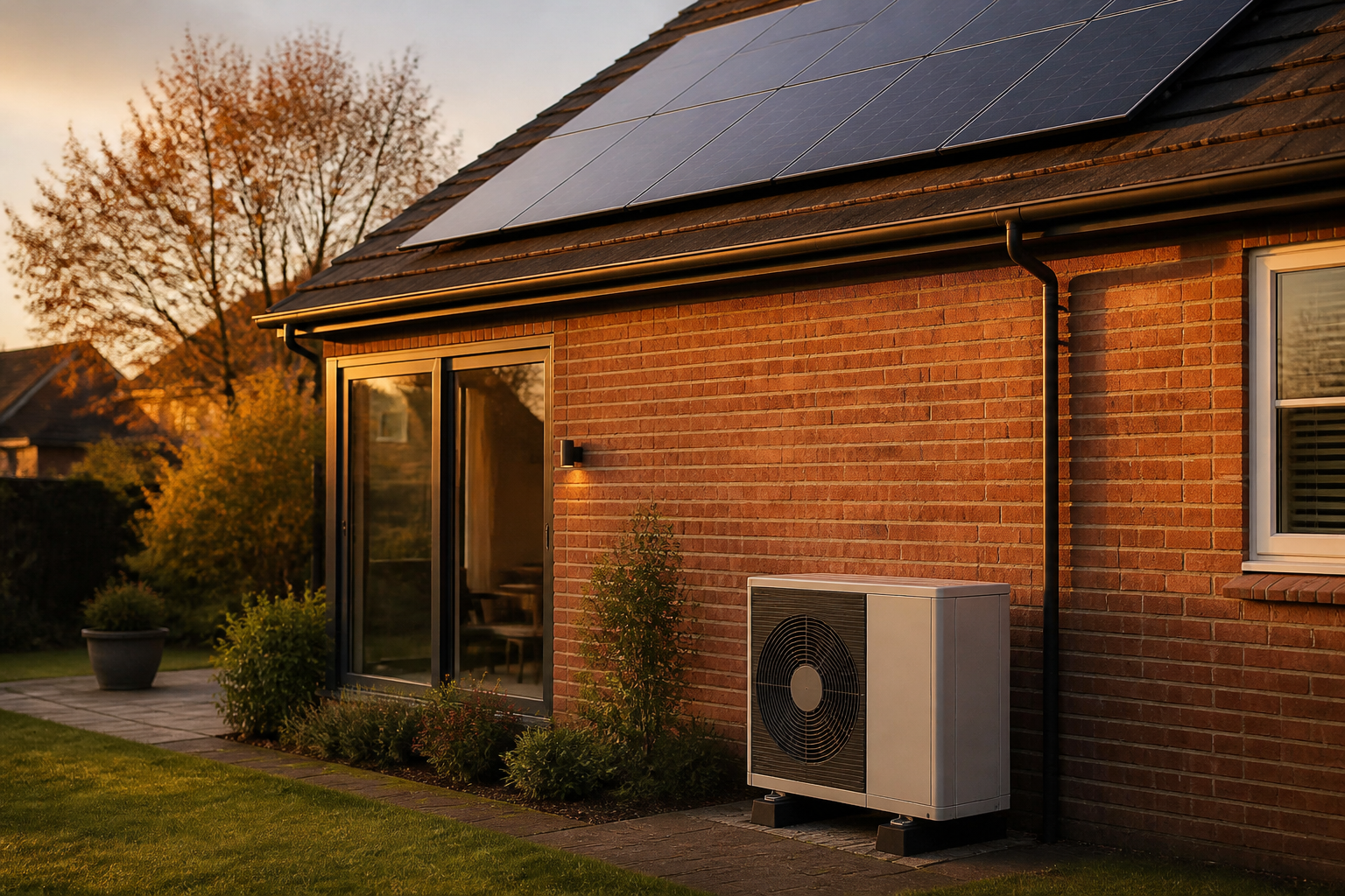 A British home featuring rooftop solar panels and an external heat pump unit.