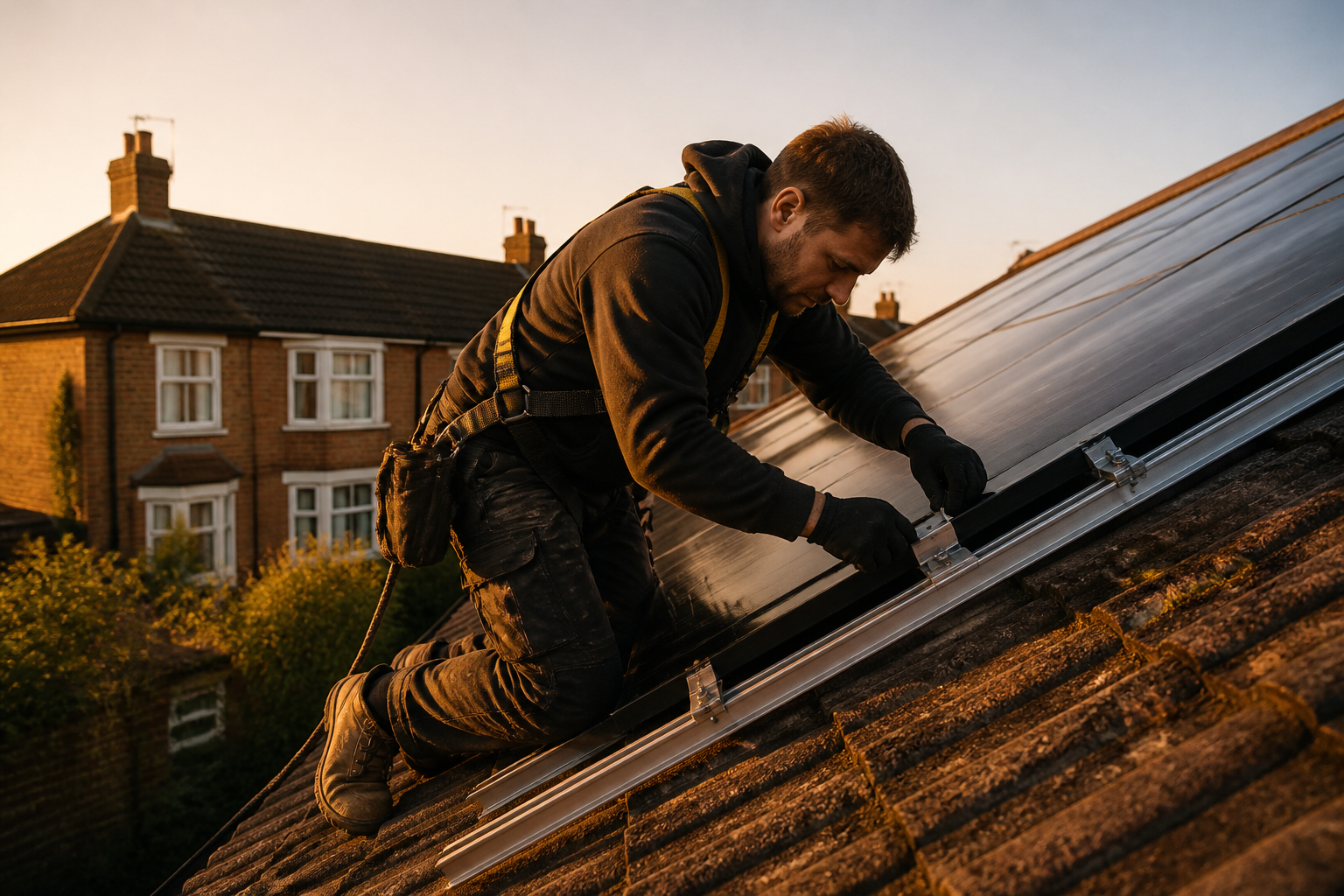 A solar panel installer working on a pitched roof of a suburban UK home.