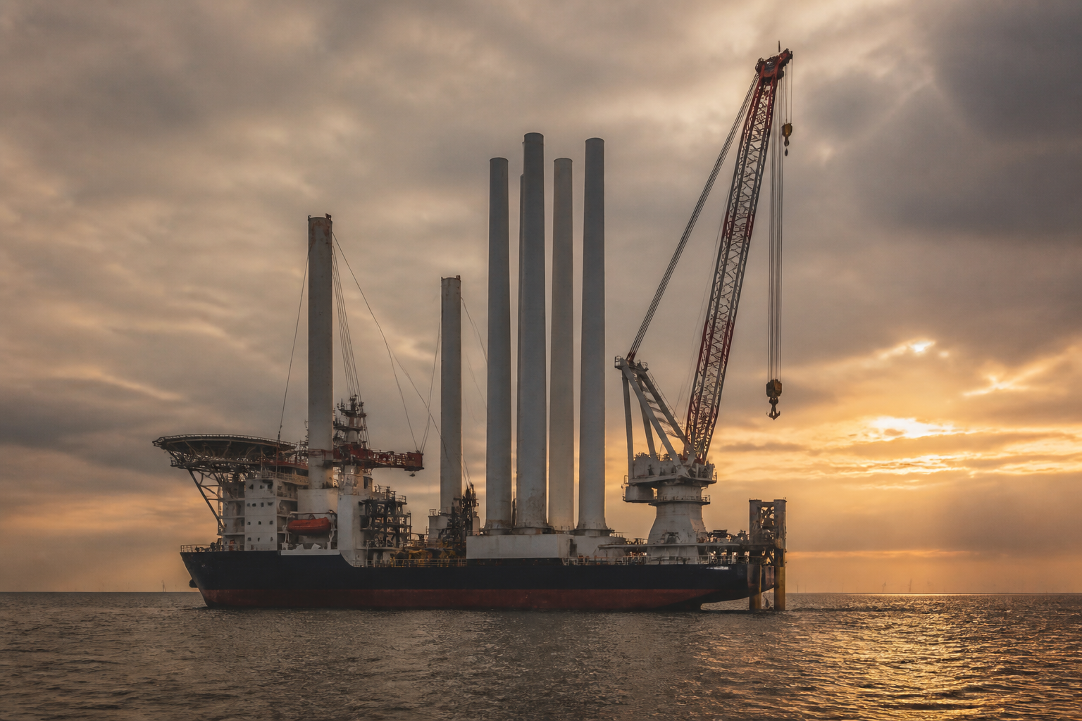 An offshore wind turbine installation vessel in UK coastal waters.